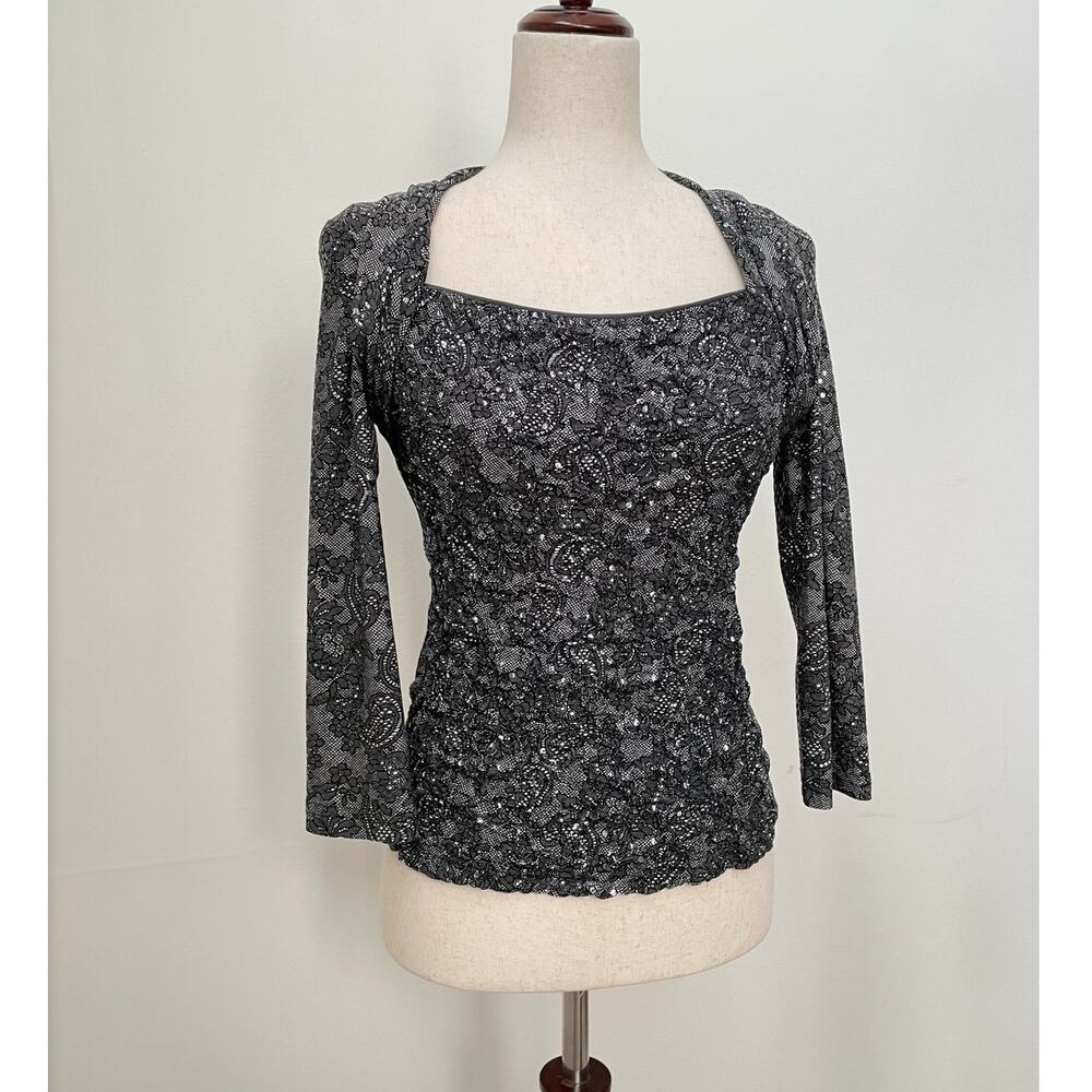 Vintage Joseph Ribkoff Sequin Lace Top Womens 8 Black Stretchy Embellished Glam